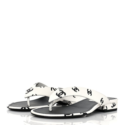 Chanel Lambskin Printed CC Thong Sandals 38 White Black 3 of 8