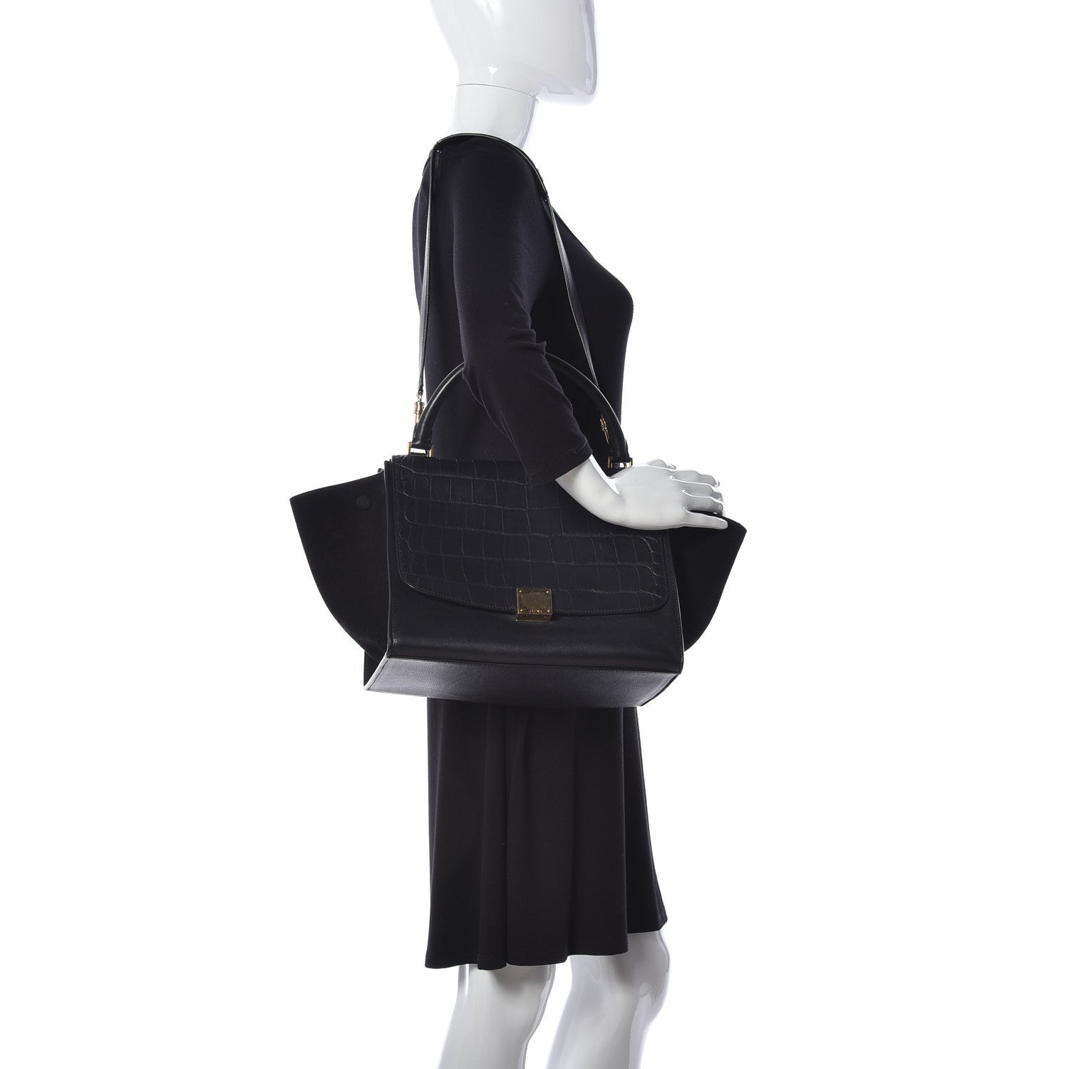 Celine Crocodile Embossed Calfskin Suede Medium Trapeze Black 2 of 10