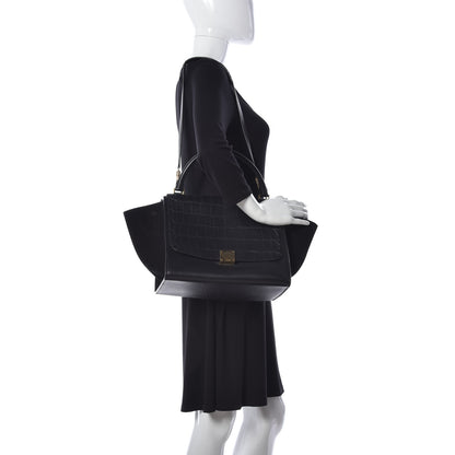Celine Crocodile Embossed Calfskin Suede Medium Trapeze Black 2 of 10