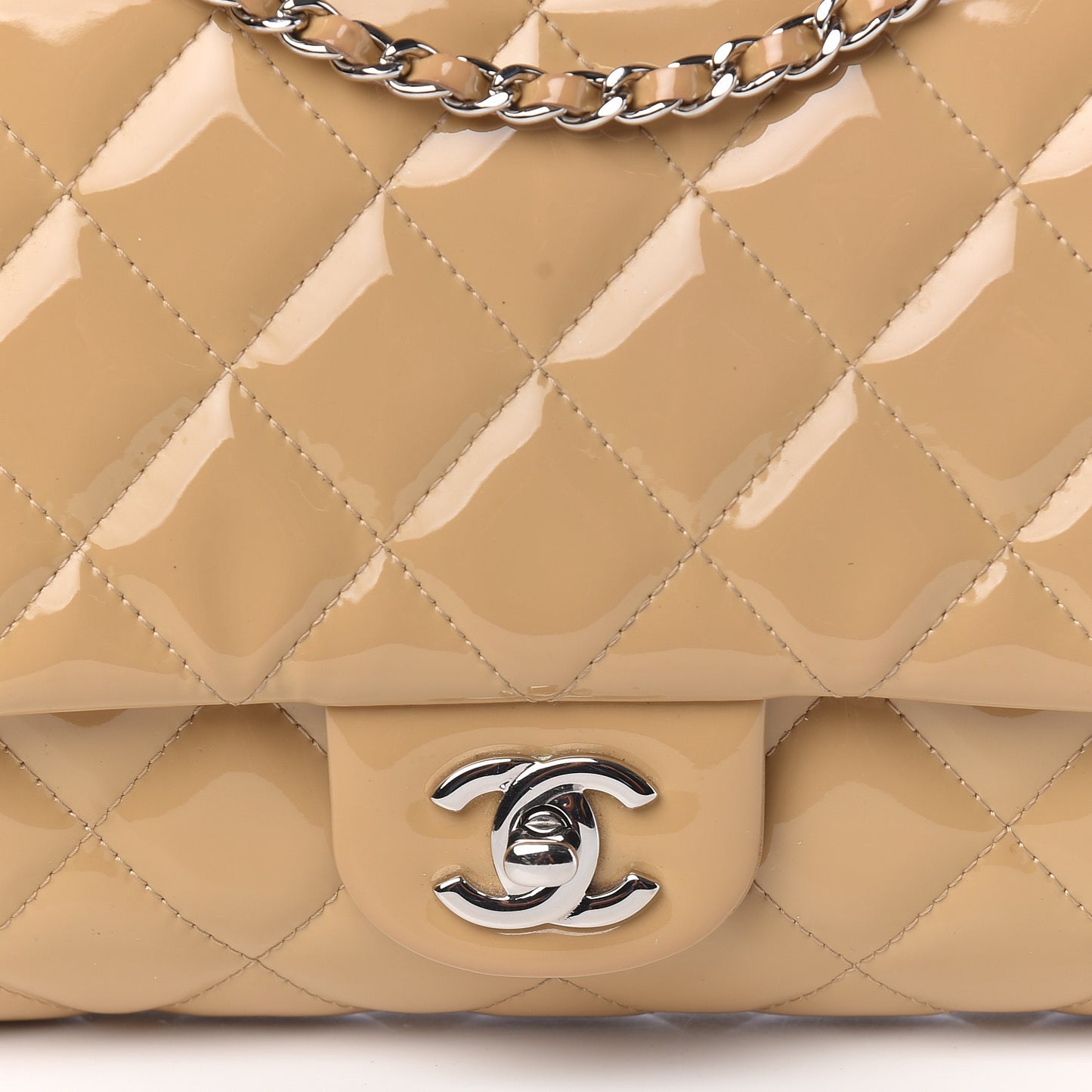 Patent Quilted Clutch with Chain Flap Beige