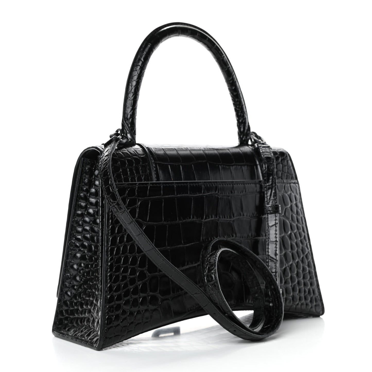 Shiny Calfskin Monochrome Crocodile Embossed Medium Hourglass Top Handle Bag Black