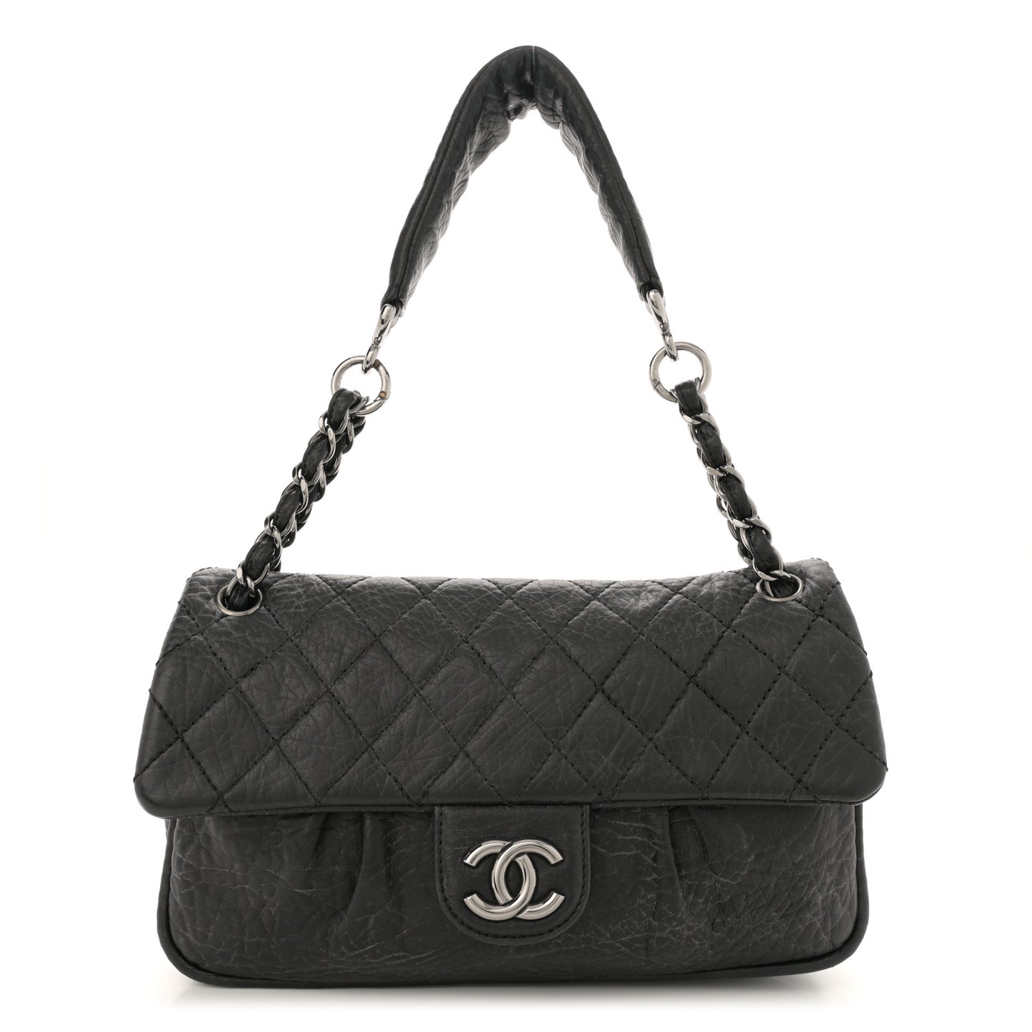 Distressed Lambskin Lady Braid Flap Black
