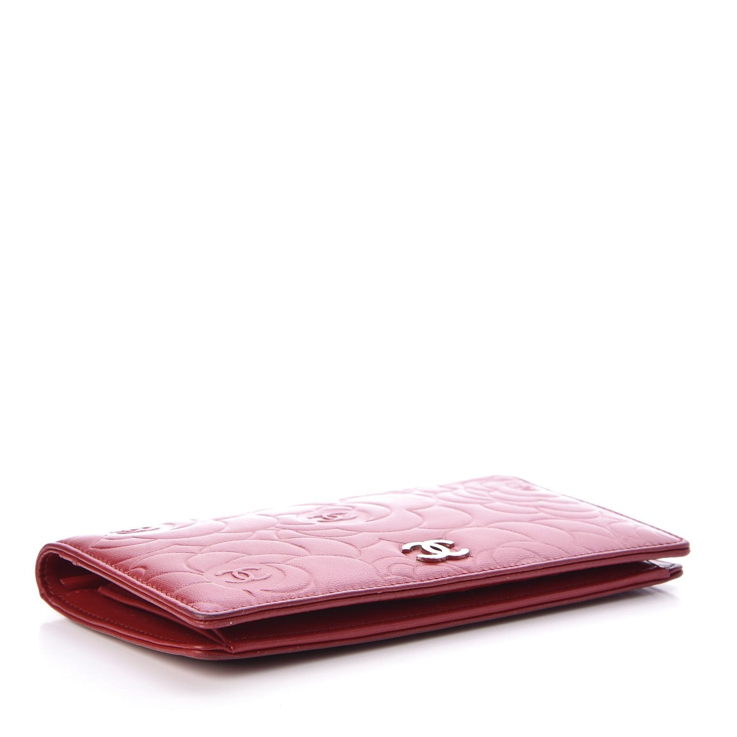 Lambskin Camellia Embossed Yen Wallet Dark Red
