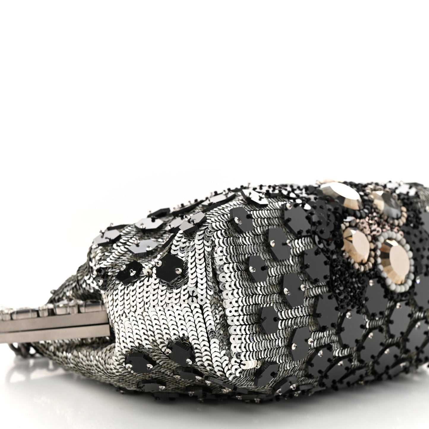 Satin Sequin Crystal Embellished Vanda Circles Chain Clutch Black