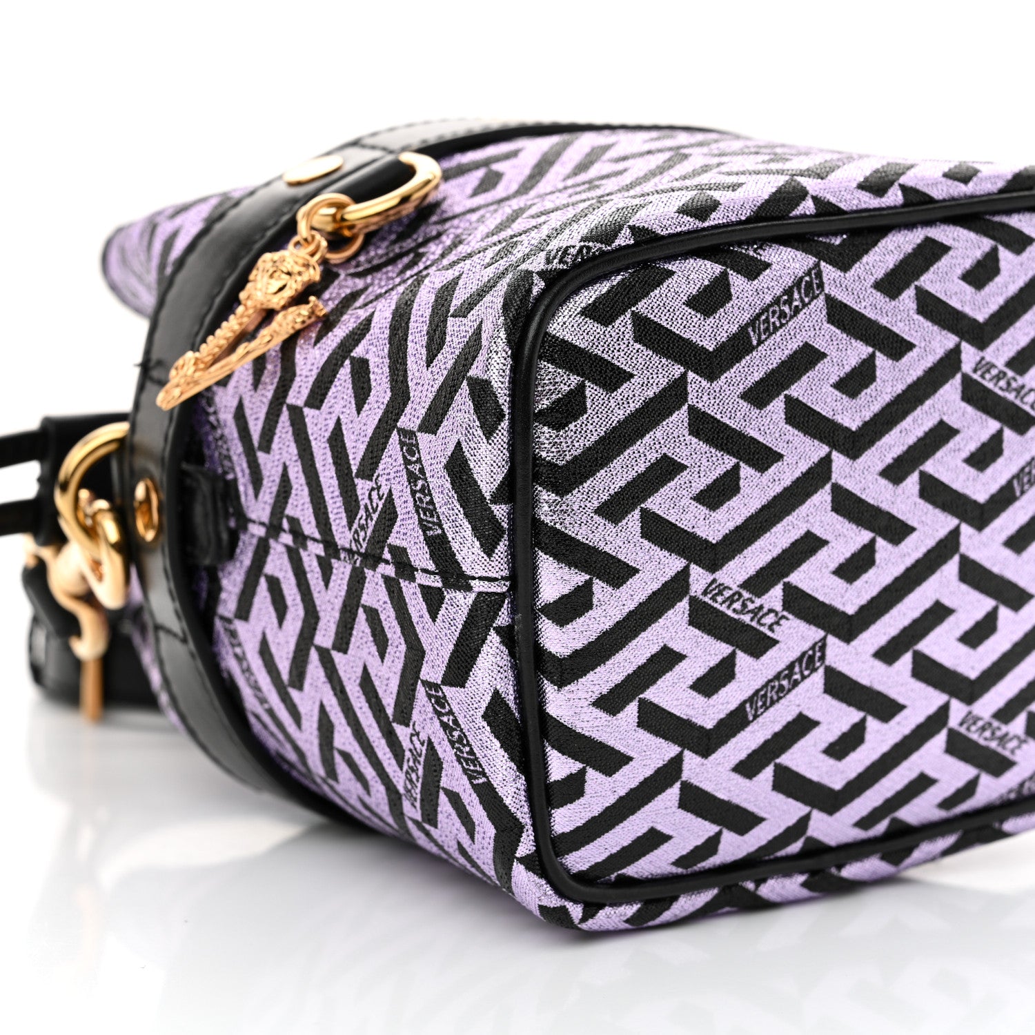 Versace Coated Canvas La Greca Glitter Print Mini Bucket Bag Orchid Black 7 of 9