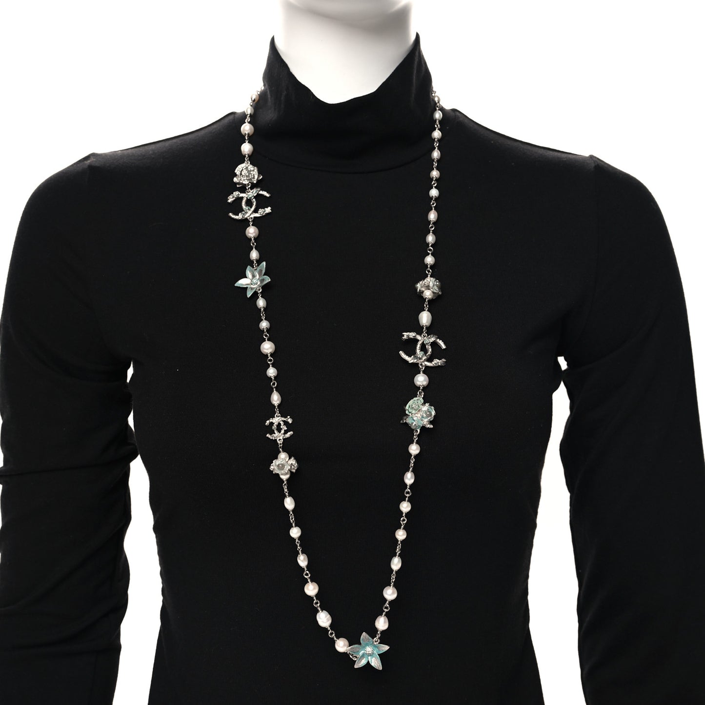 Crystal Pearl Floral Long Necklace Silver Blue
