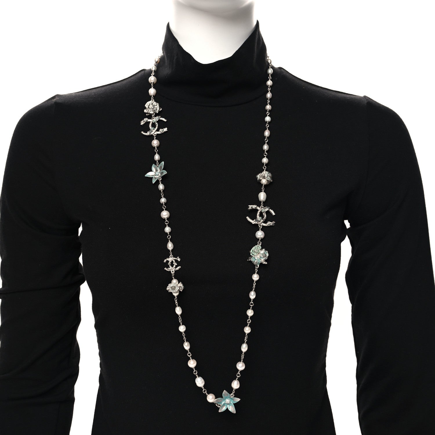 Chanel Crystal Pearl Floral Long Necklace Silver Blue 2 of 4