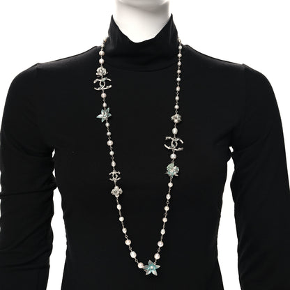 Chanel Crystal Pearl Floral Long Necklace Silver Blue 2 of 4
