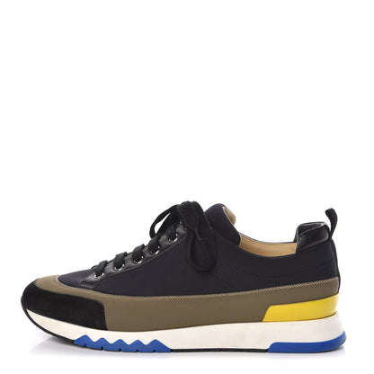 Hermes Technical Canvas Suede Goatskin Calfskin Mens Rapid Sneakers 42.5 Khaki Black 1 of 11