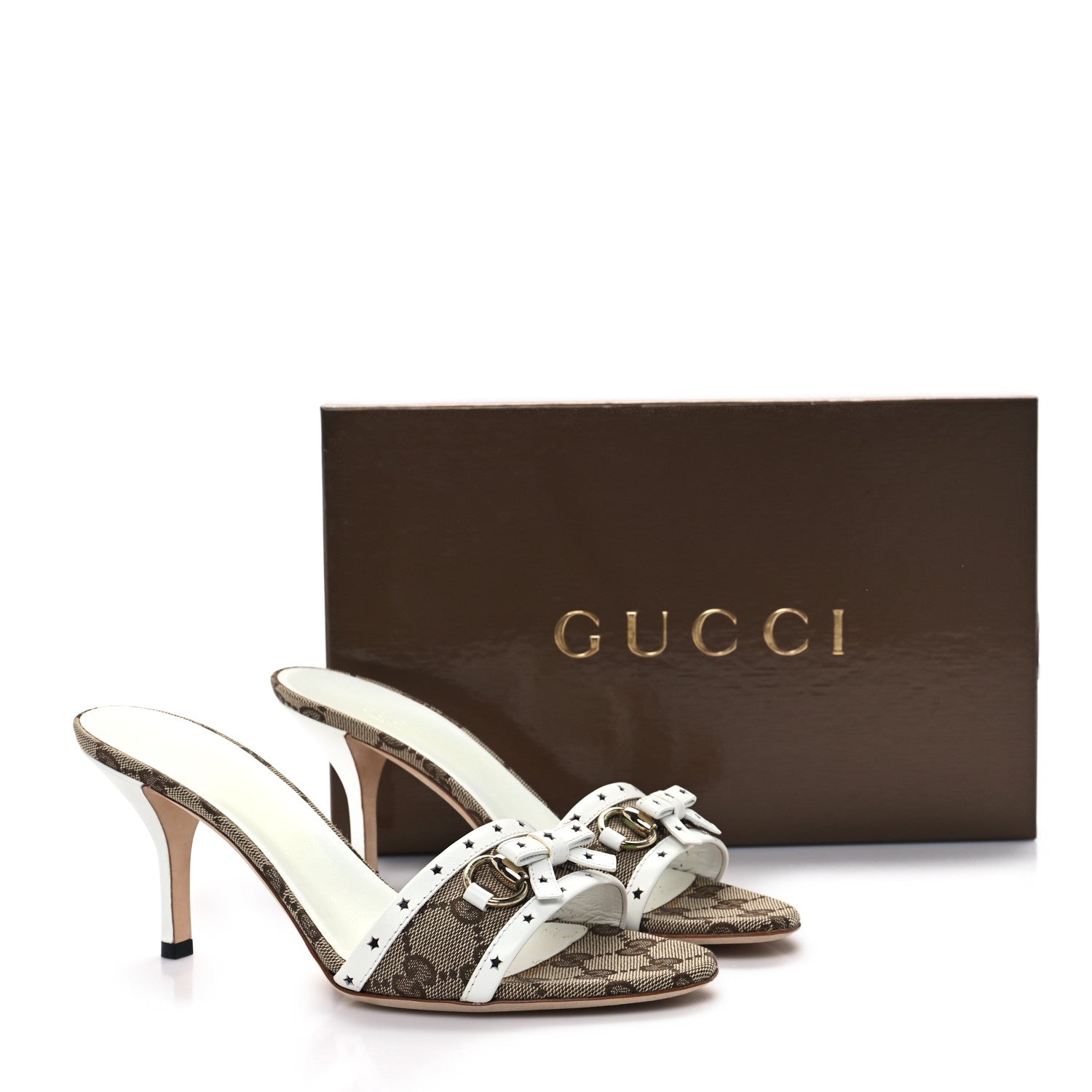 Gucci Canvas GG Horsebit Mid Heel Slides 37 Beige White 11 of 11