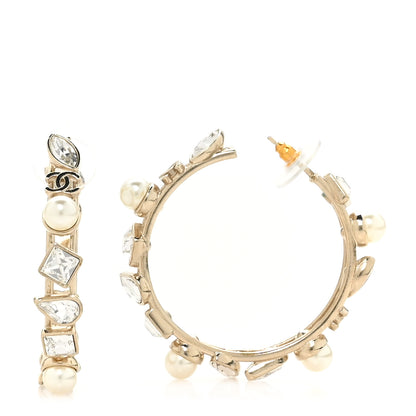Chanel Glass Pearl Strass Snowfall Hoop Earrings Gold 1 of 4