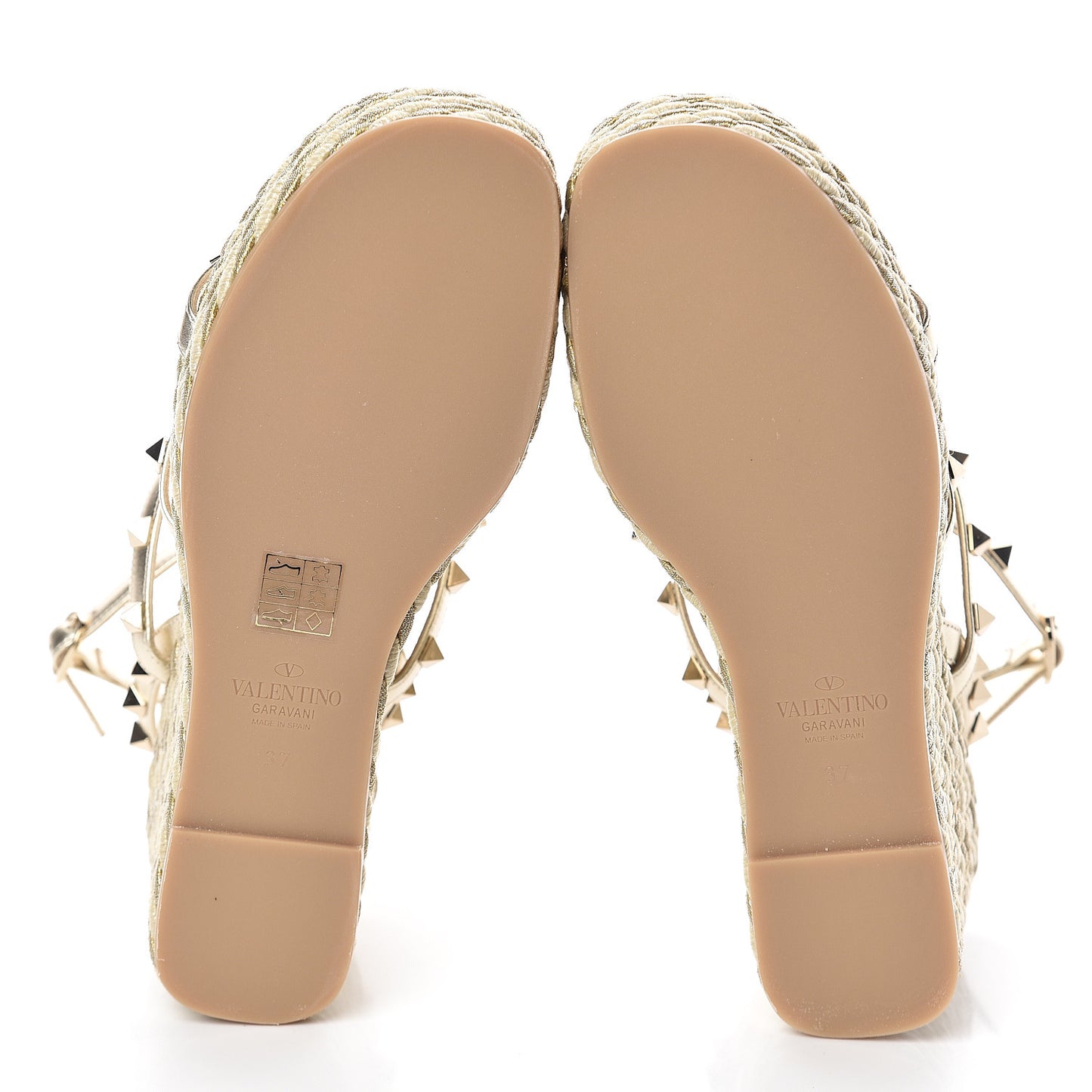 Metallic Nappa Rockstud Ankle Strap Torchon Espadrille Caged 25/95mm Wedge Sandals 37 Platino