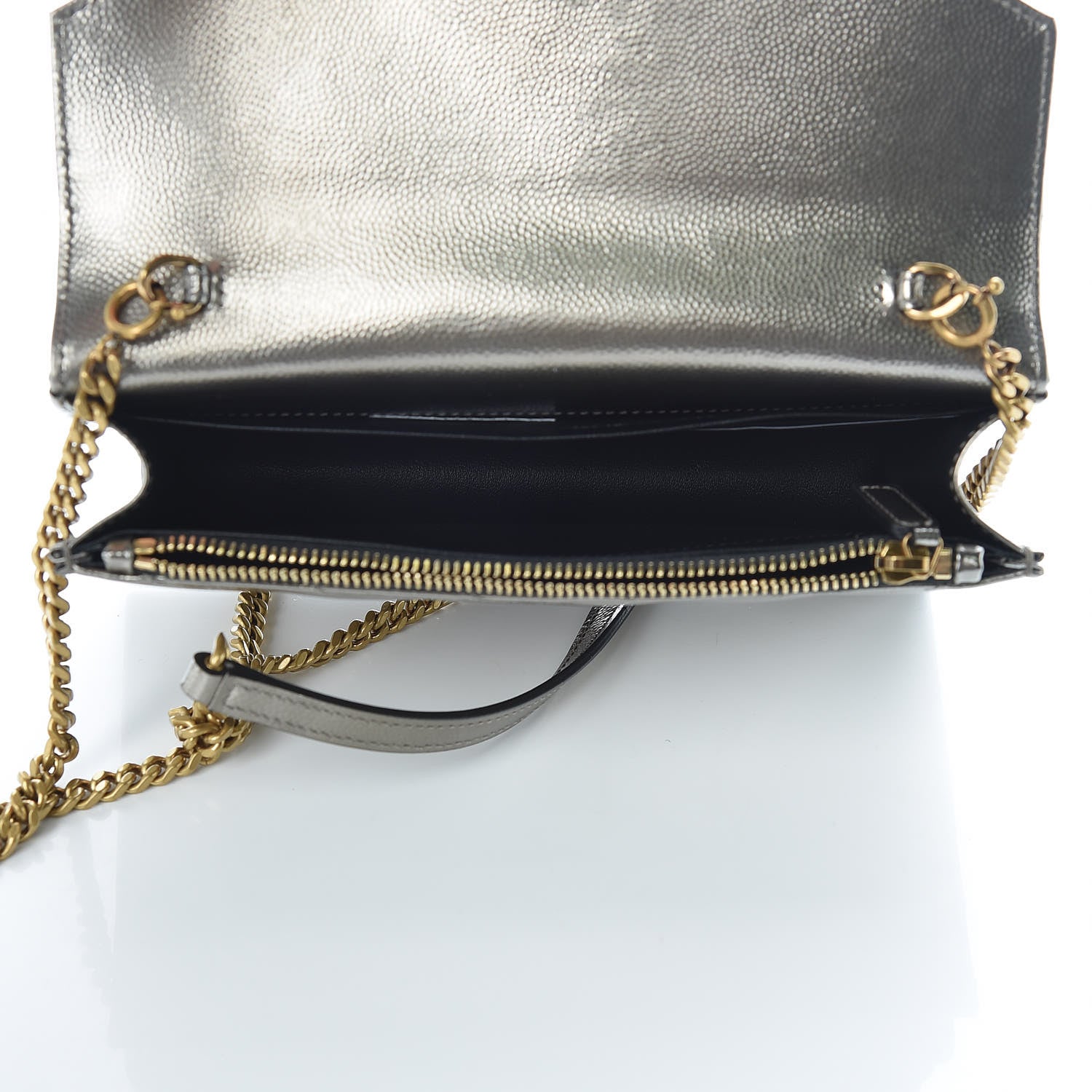 Saint Laurent Metallic Grain De Poudre Matelasse Chevron Monogram Envelope Chain Wallet Piombo Black 5 of 9