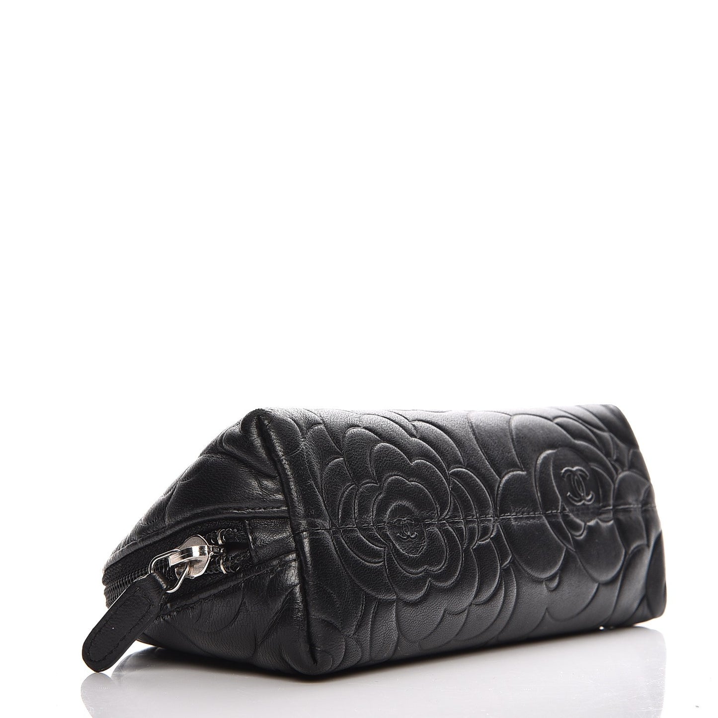 Lambskin Camellia Embossed Cosmetic Case Black