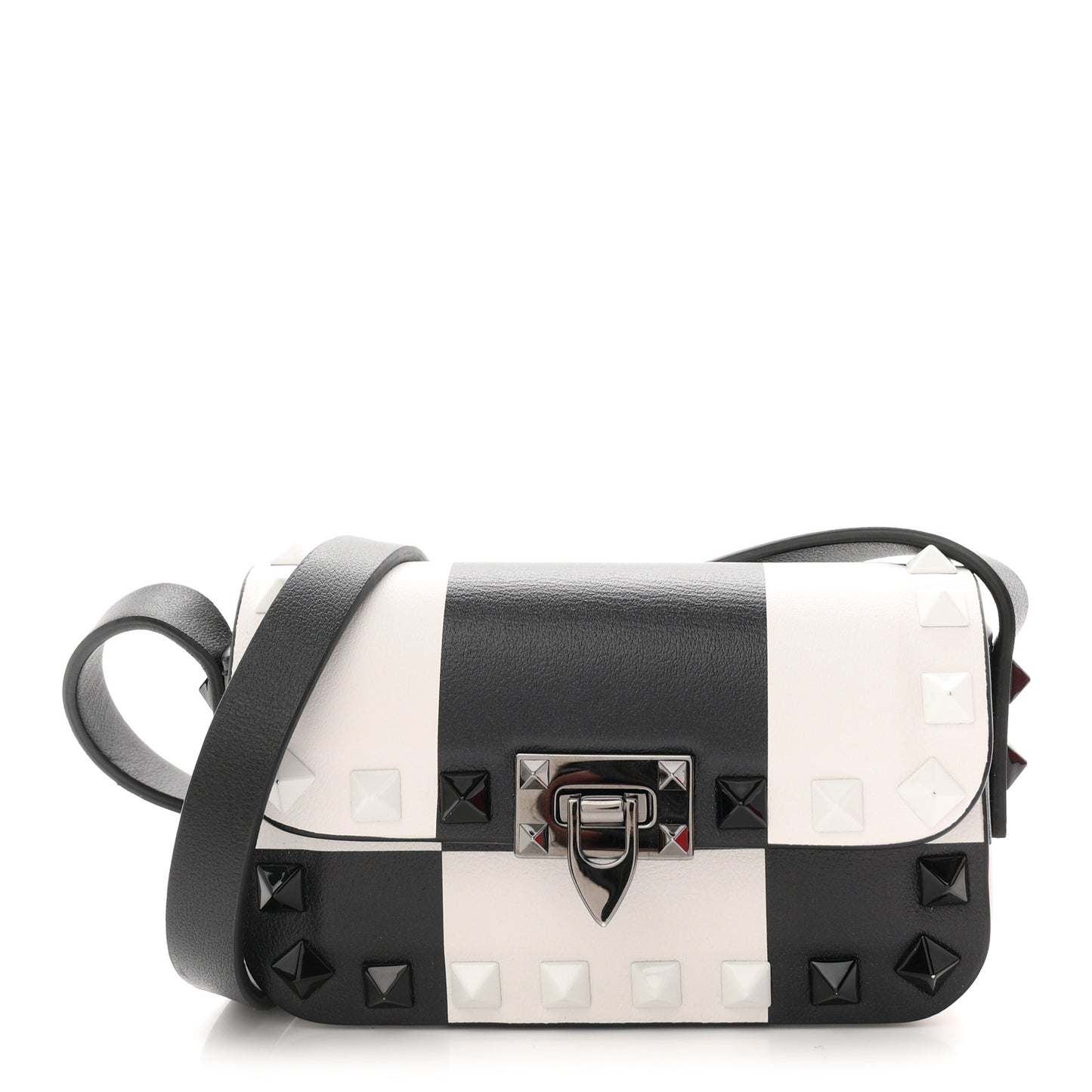 Vitello Chess Mini Rockstud Flip Lock Crossbody Bag Black White