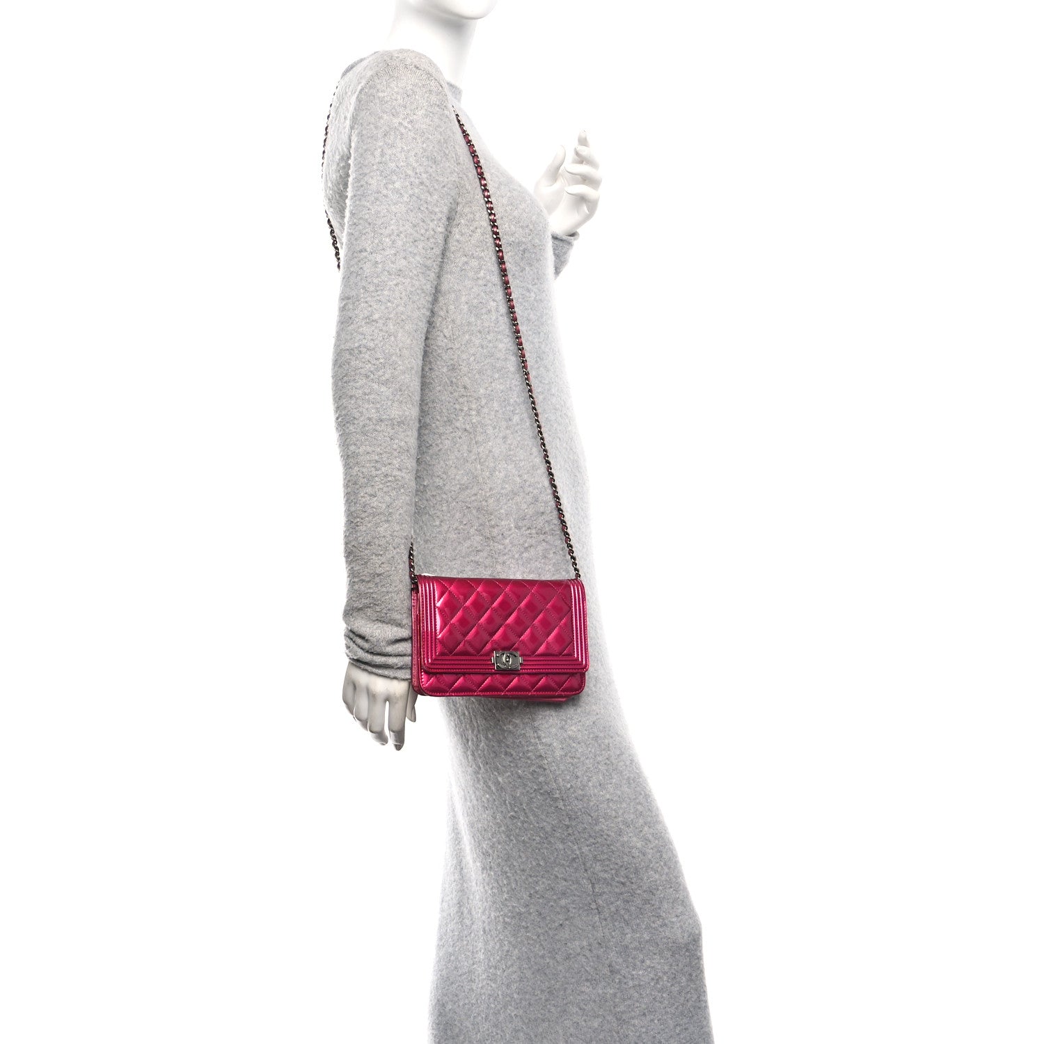 Chanel Metallic Patent Calfskin Quilted Boy Wallet On Chain WOC Fuchsia 2 of 13