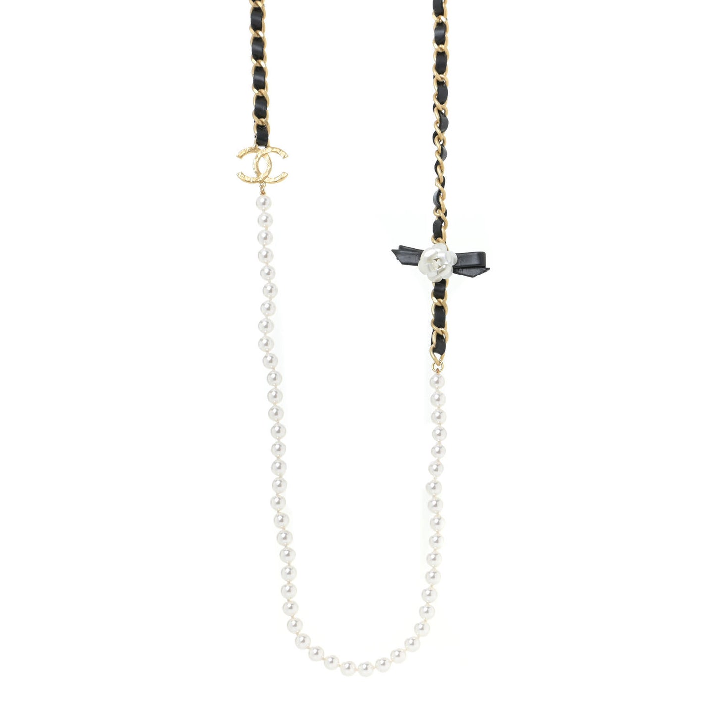 Calfskin Pearl Chain 90's Camellia Long Necklace Black Gold