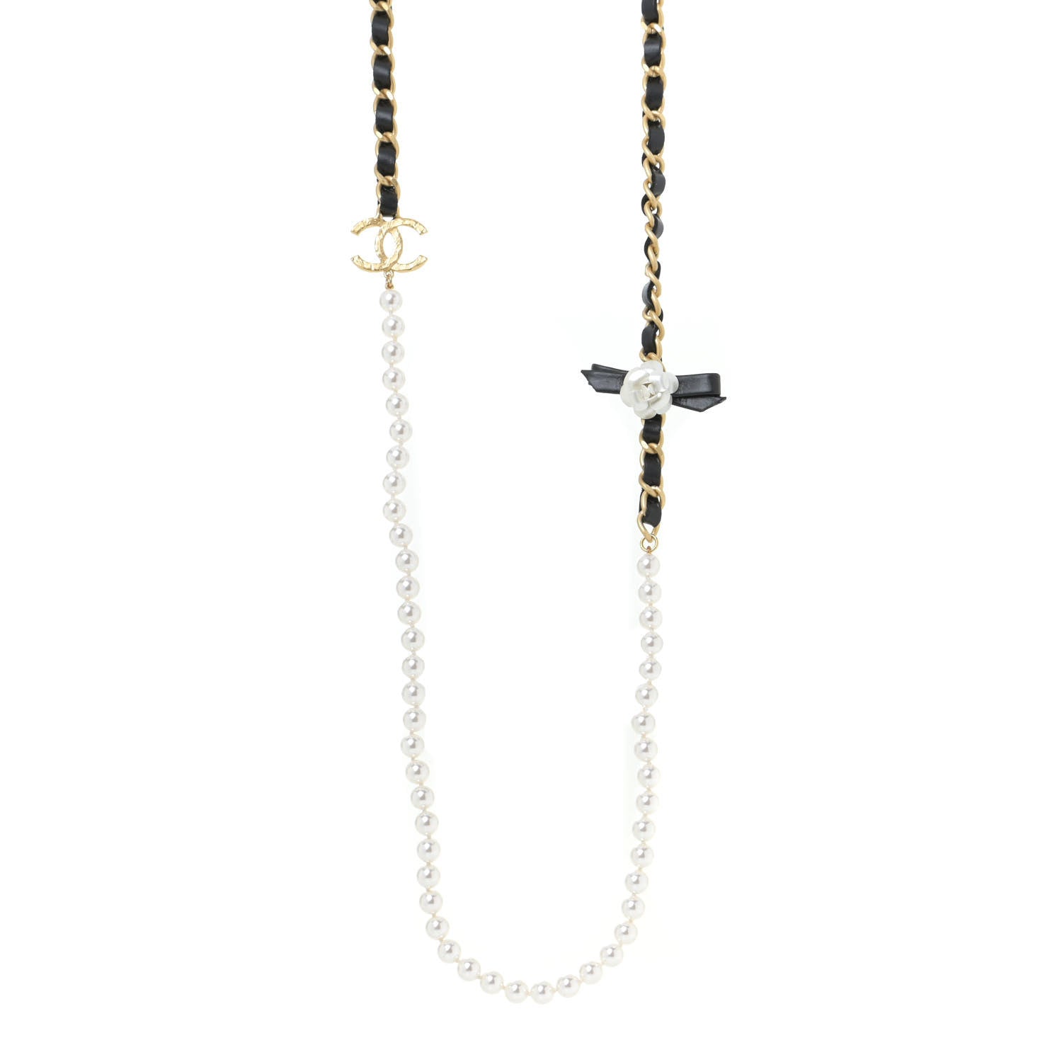 Chanel Calfskin Pearl Chain 90's Camellia Long Necklace Black Gold 1 of 5