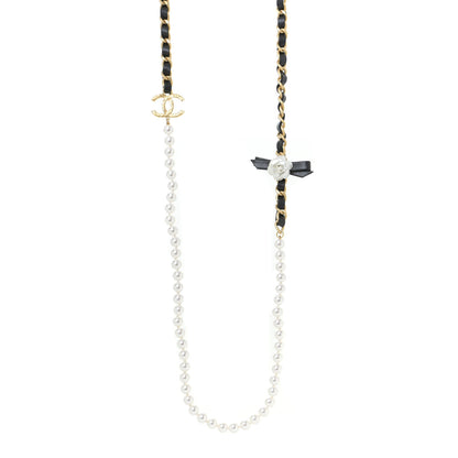 Chanel Calfskin Pearl Chain 90's Camellia Long Necklace Black Gold 1 of 5