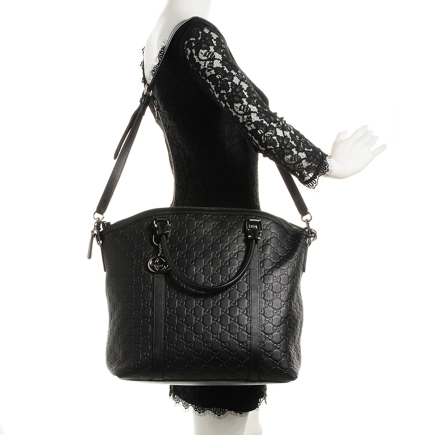 Guccissima Large GG Charm Convertible Dome Satchel Black