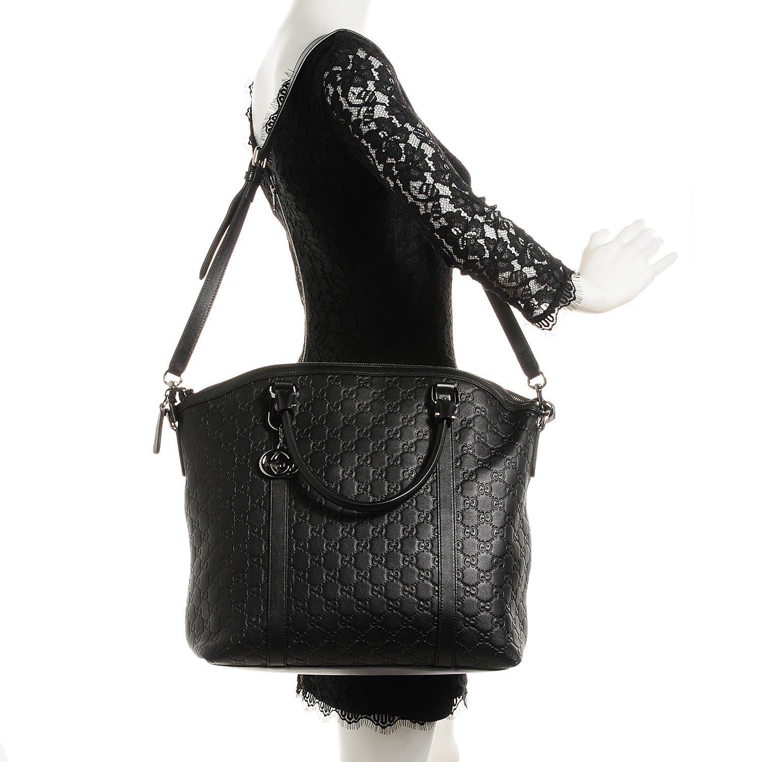 Gucci Guccissima Large GG Charm Convertible Dome Satchel Black 2 of 7