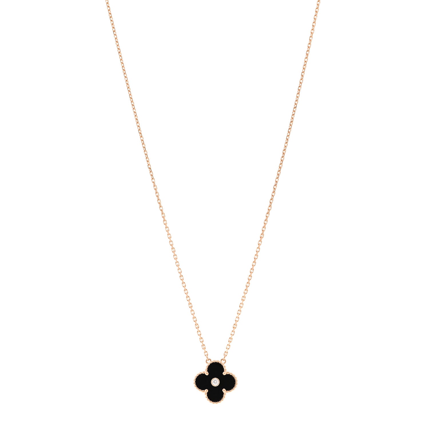 Van Cleef & Arpels 18K Rose Gold Diamond Black Onyx Vintage Alhambra Pendant Necklace 1 of 4
