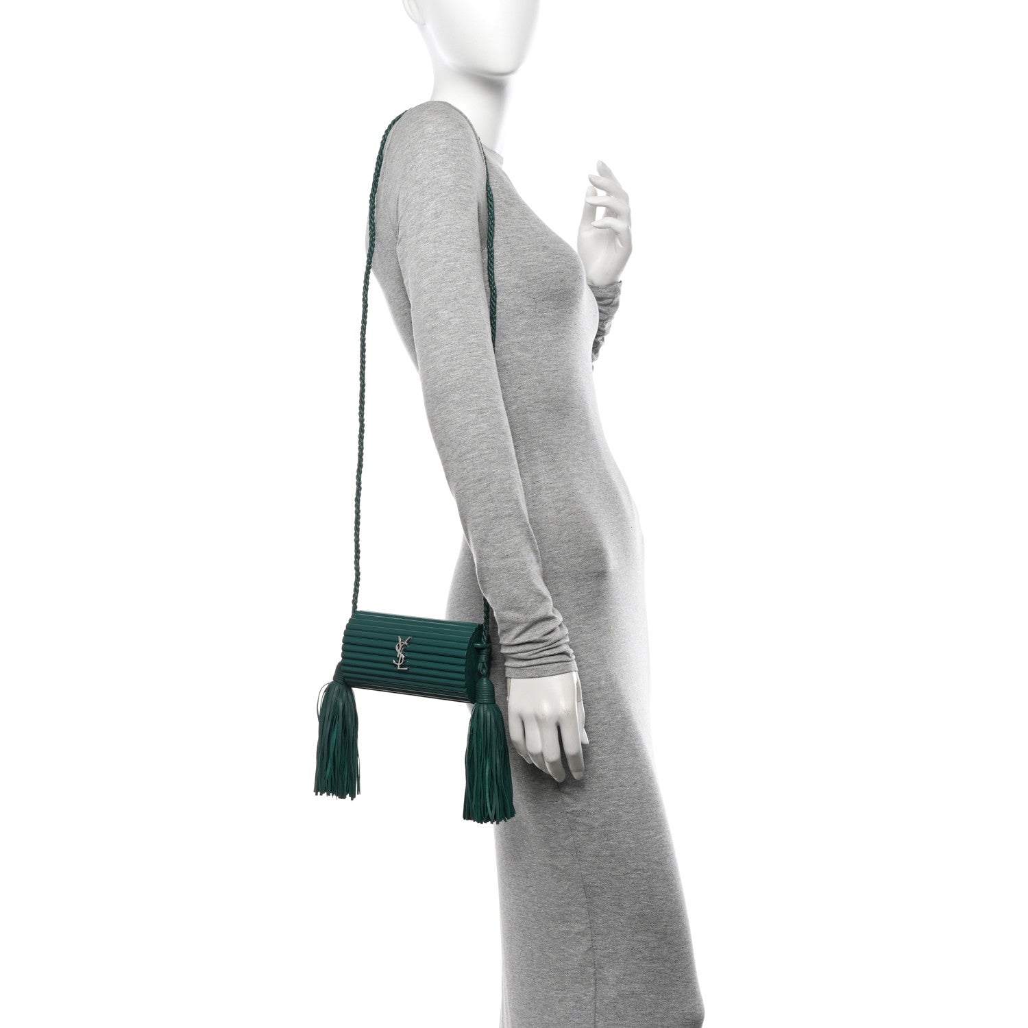 Saint Laurent Ribbed Plexiglass Lambskin Fringe Monogram Opium Box Bag Green 2 of 16
