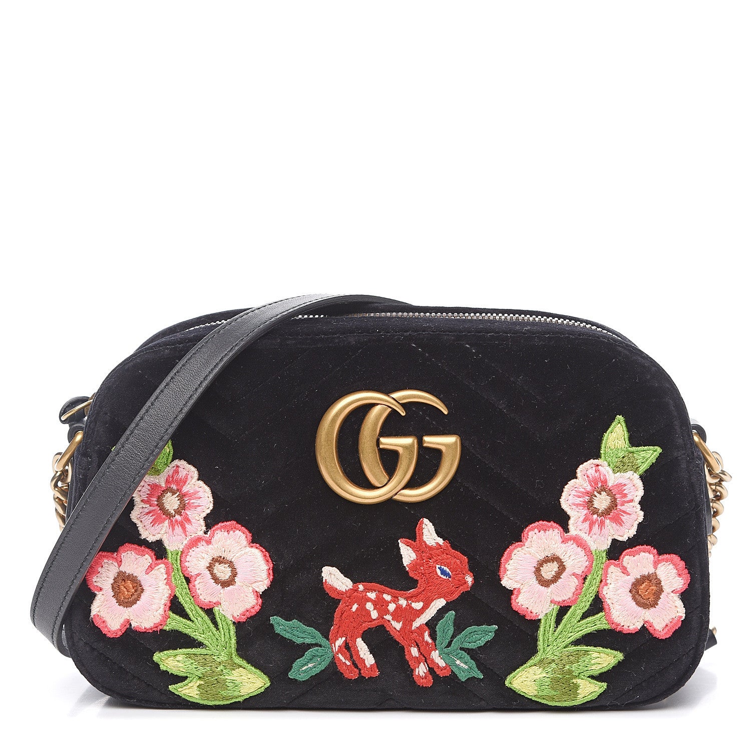 Gucci Velvet Matelasse Deer Embroidered Small GG Marmont Chain Shoulder Bag Black 1 of 9