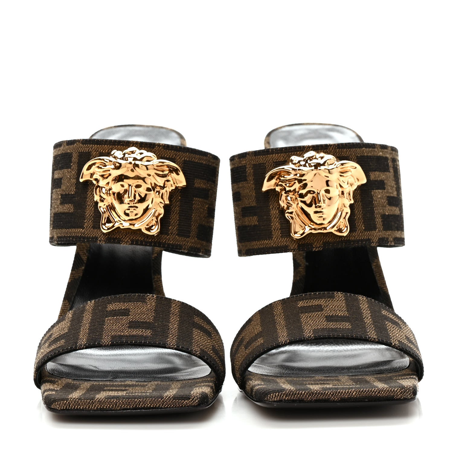 Versace X FENDI Fabric Jacquard Fendace Medusa High Heel Mule Sandals 36 Tobacco Black 2 of 7