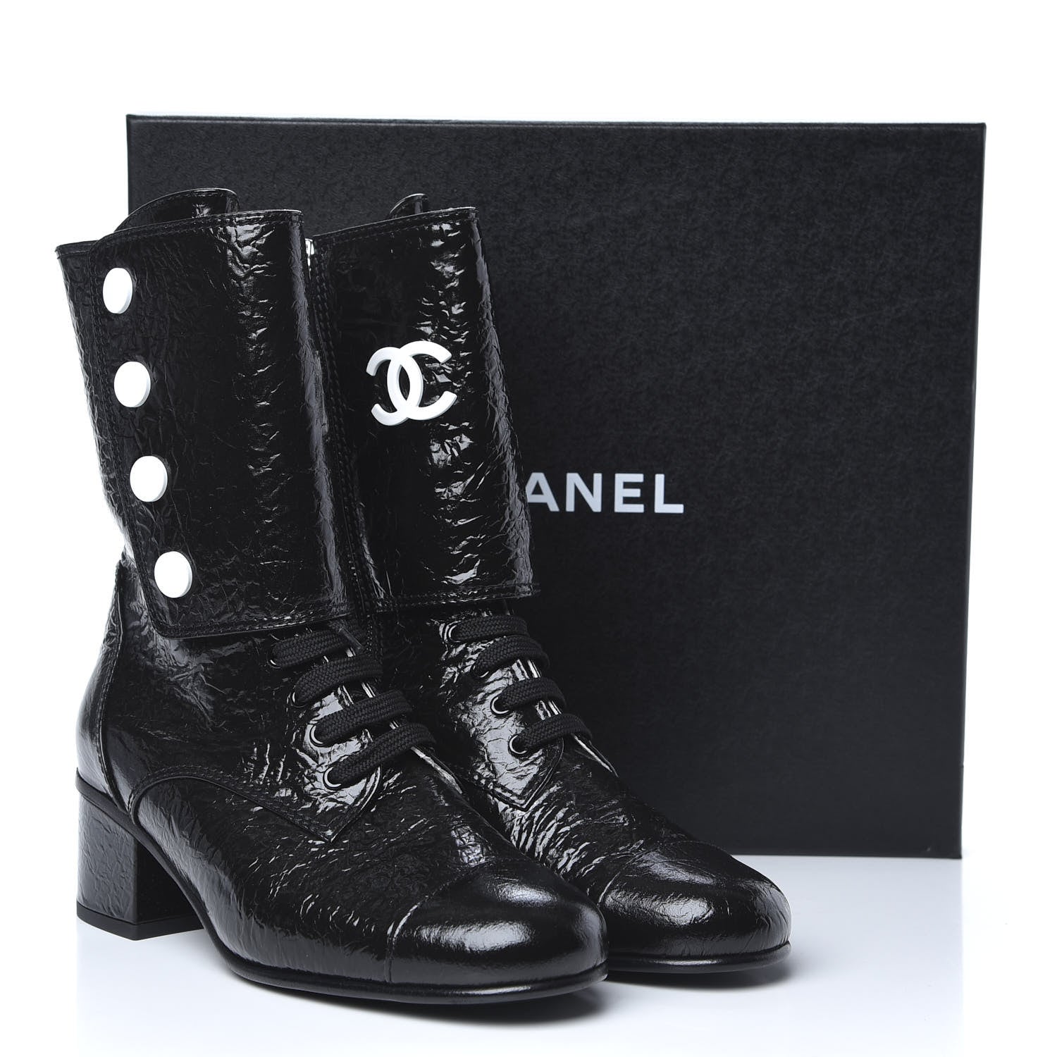 Chanel Patent Goatskin Cap Toe CC Lace Up Boots 38 Black 9 of 9