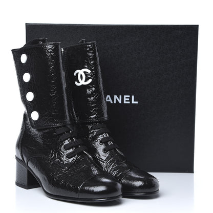 Chanel Patent Goatskin Cap Toe CC Lace Up Boots 38 Black 9 of 9