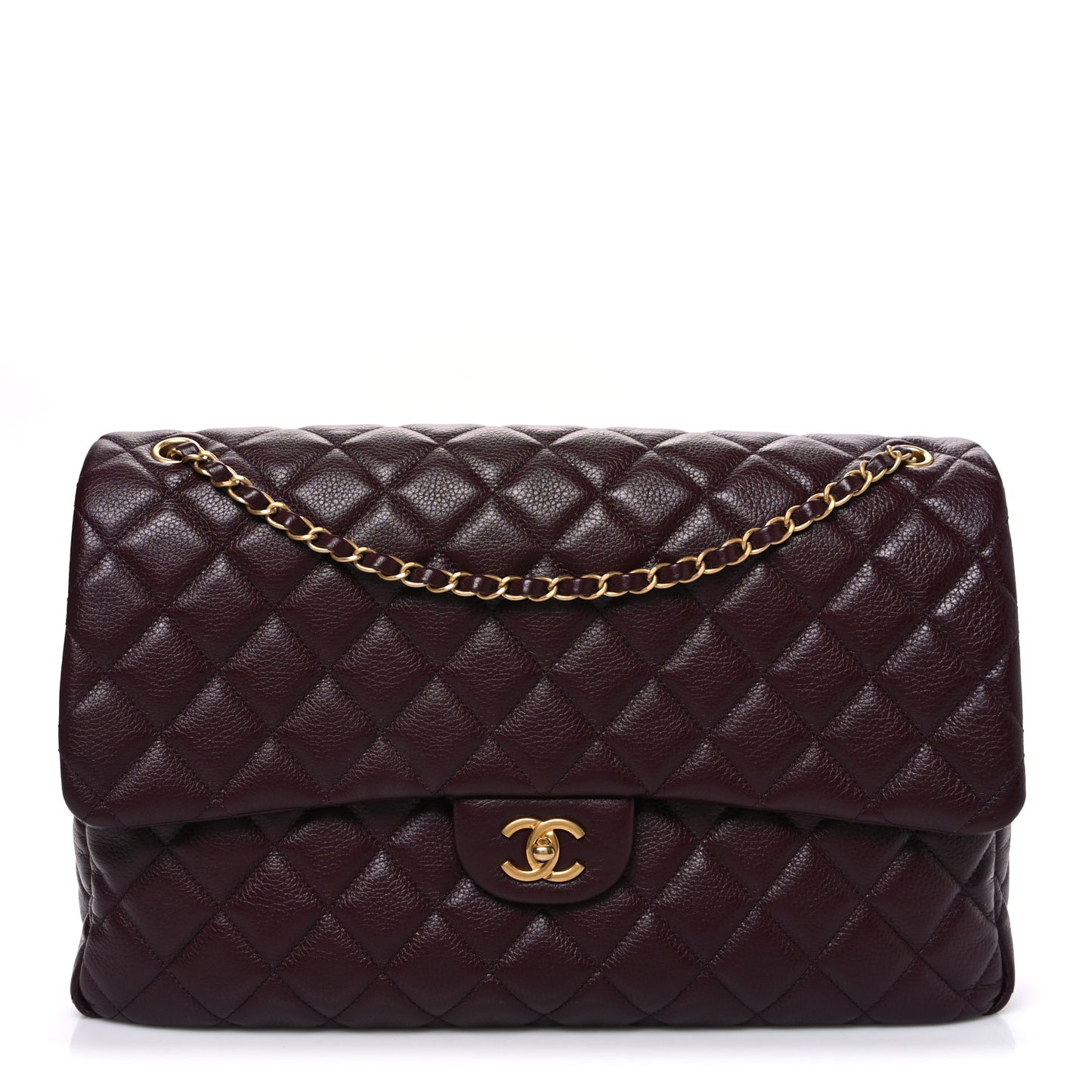 Grained Calfskin Quilted XXL Travel Flap Bag Burgundy