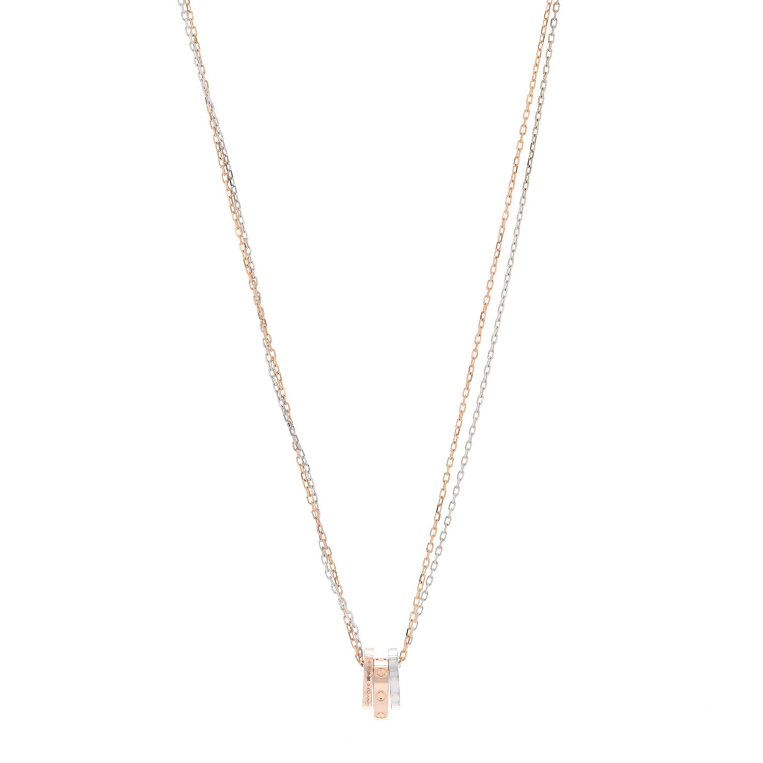 Cartier 18K White Pink Gold Diamond Three Ring LOVE Pendant Necklace 1 of 6