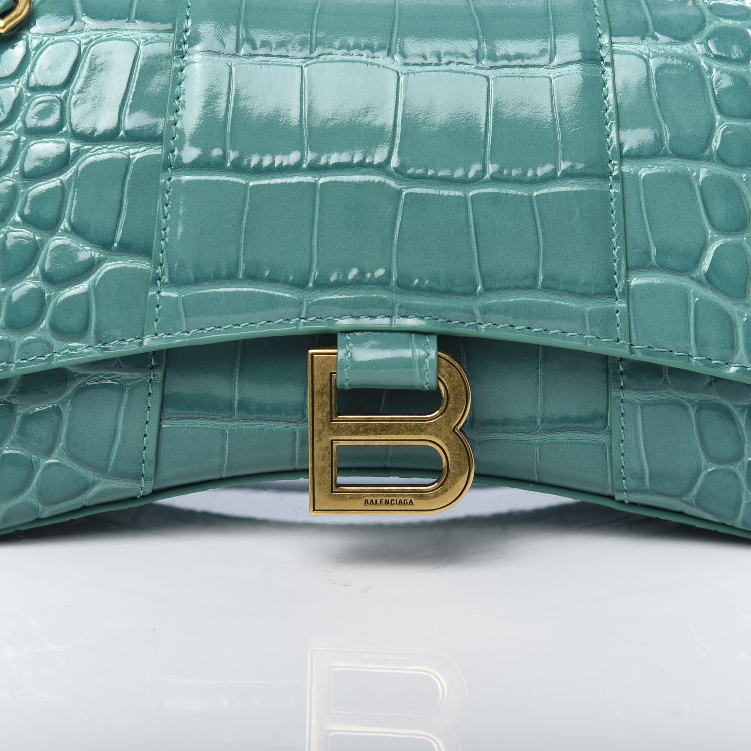 Balenciaga Shiny Calfskin Crocodile Embossed Hourglass Top Handle Bag XS Dark Turquoise 10 of 10