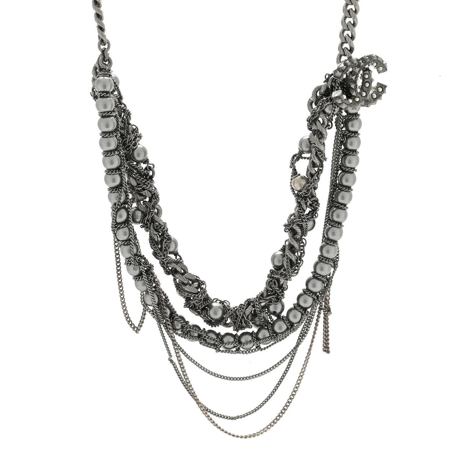 Chanel Pearl Spike CC Multi Strand Necklace Ruthenium Black 1 of 3