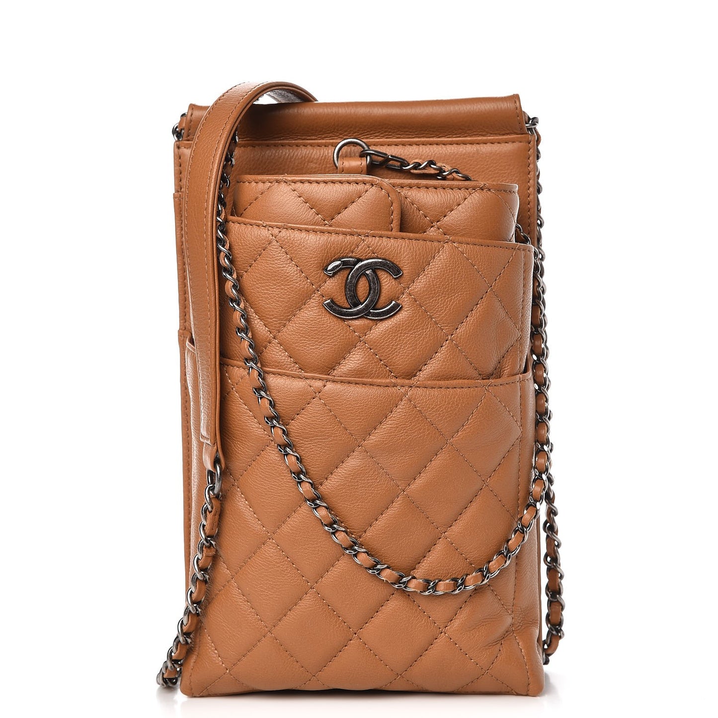 Calfskin Quilted CC Waiter Clutch Clutch With Chain Brown