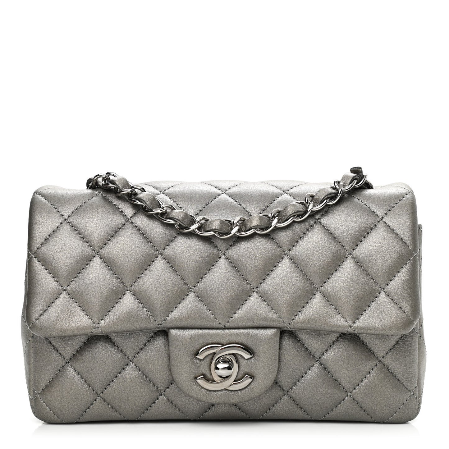 Metallic Calfskin Quilted Mini Rectangular Flap Ruthenium