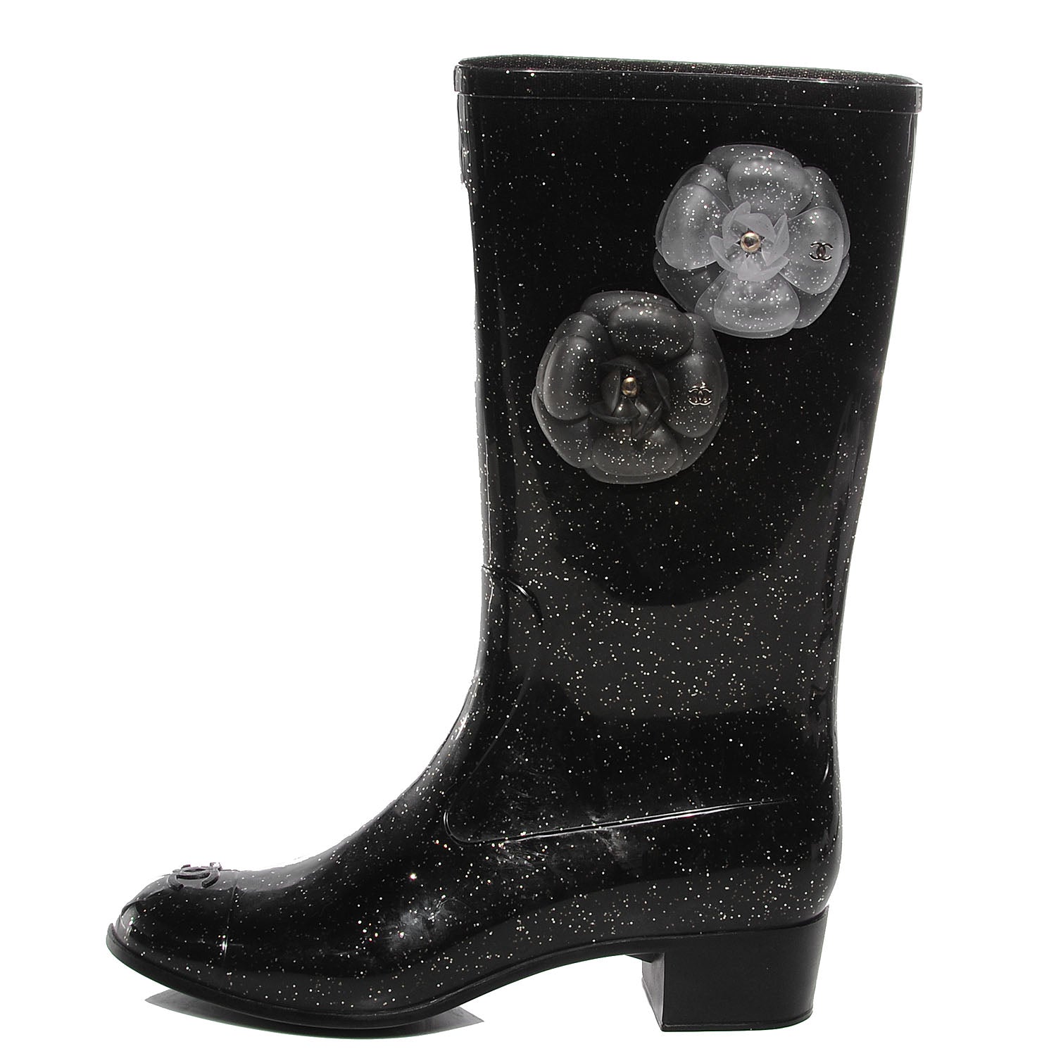Chanel Rubber Glitter Camellia Rain Boots 39 Black 1 of 7