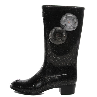 Chanel Rubber Glitter Camellia Rain Boots 39 Black 1 of 7