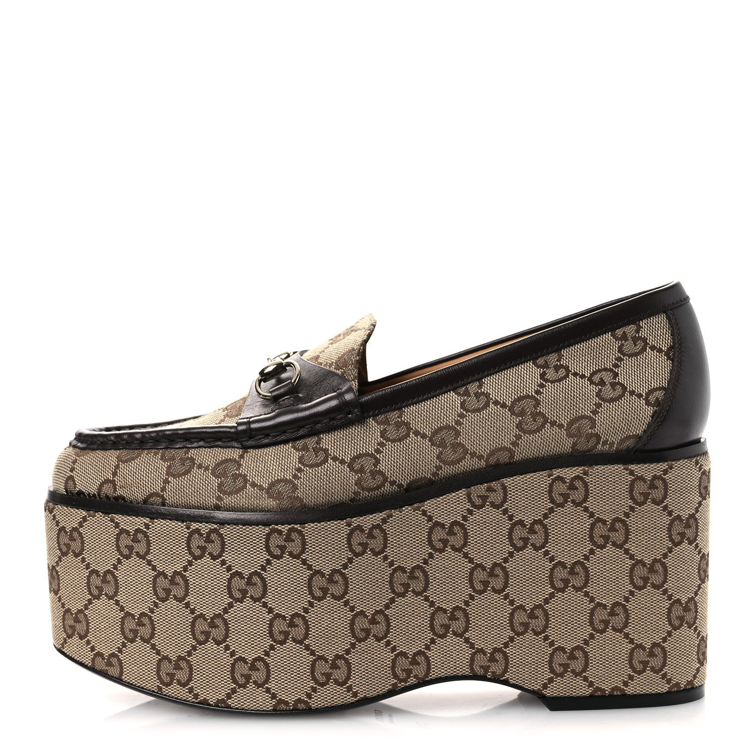 Gucci Canvas GG Monogram Horsebit Calfskin Womens Horsebit Platform Loafers 38.5 Beige Ebony 1 of 13