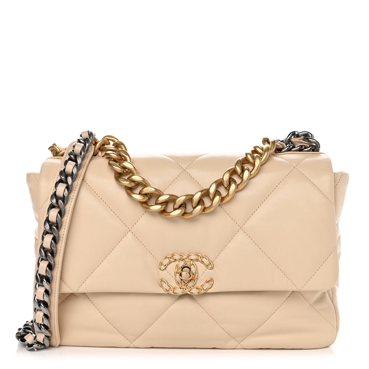 Goatskin Quilted Large Chanel 19 Flap Beige