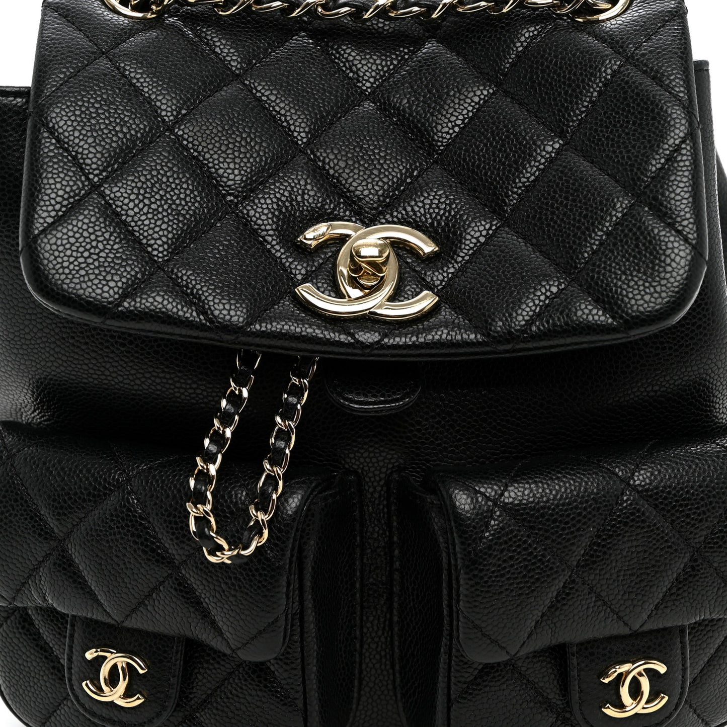 Shiny Caviar Quilted Small Duma Pockets Drawstring Backpack Black