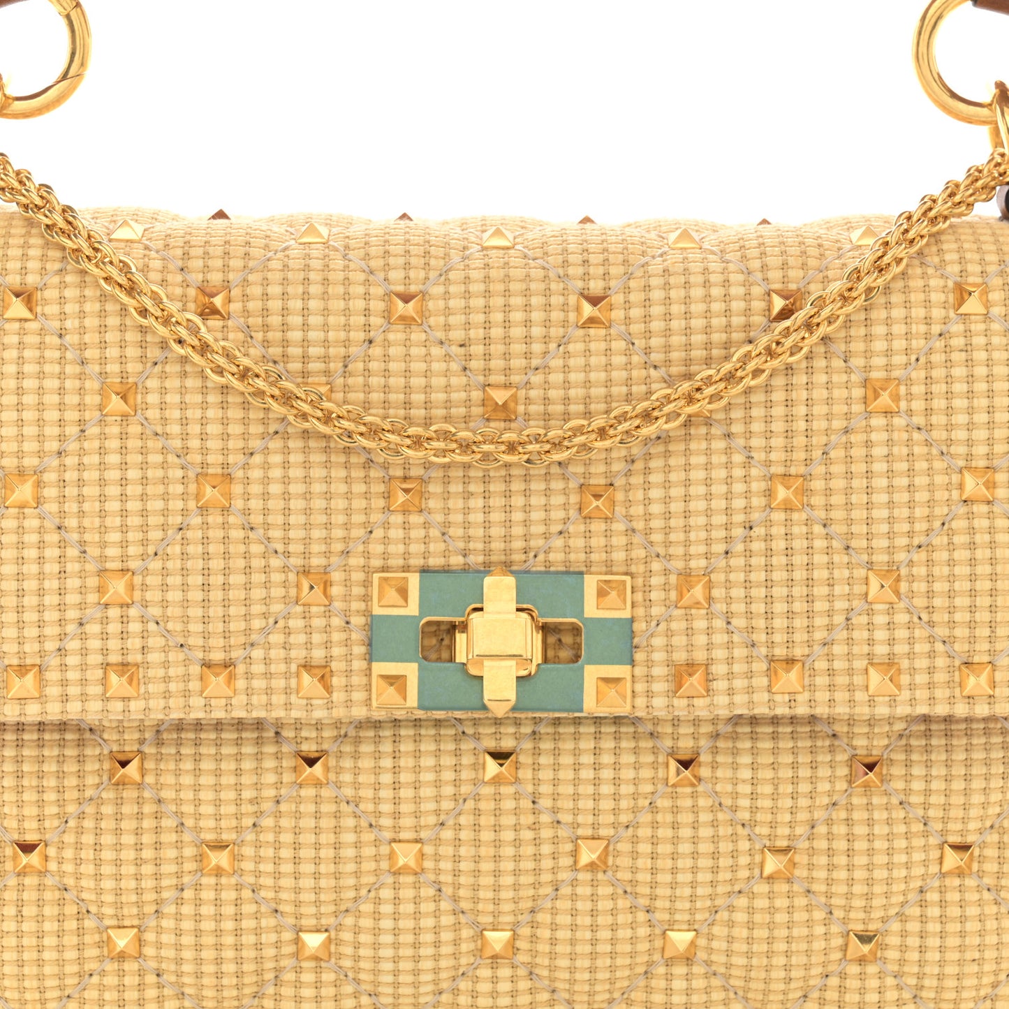 Raffia Medium Rockstud Spike Shoulder Bag Natural Tan