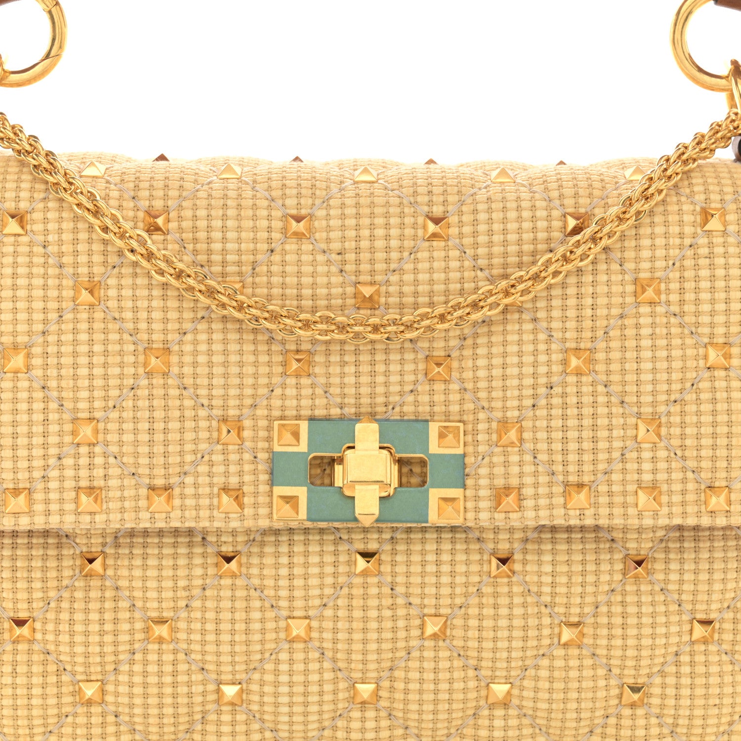 Valentino Garavani Raffia Medium Rockstud Spike Shoulder Bag Natural Tan 7 of 9
