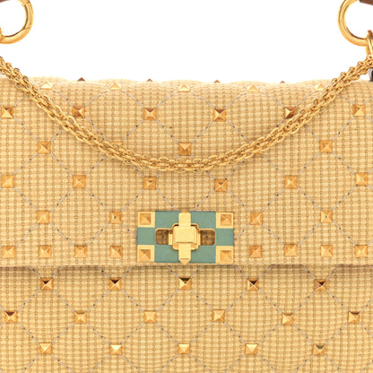 Valentino Garavani Raffia Medium Rockstud Spike Shoulder Bag Natural Tan 7 of 9