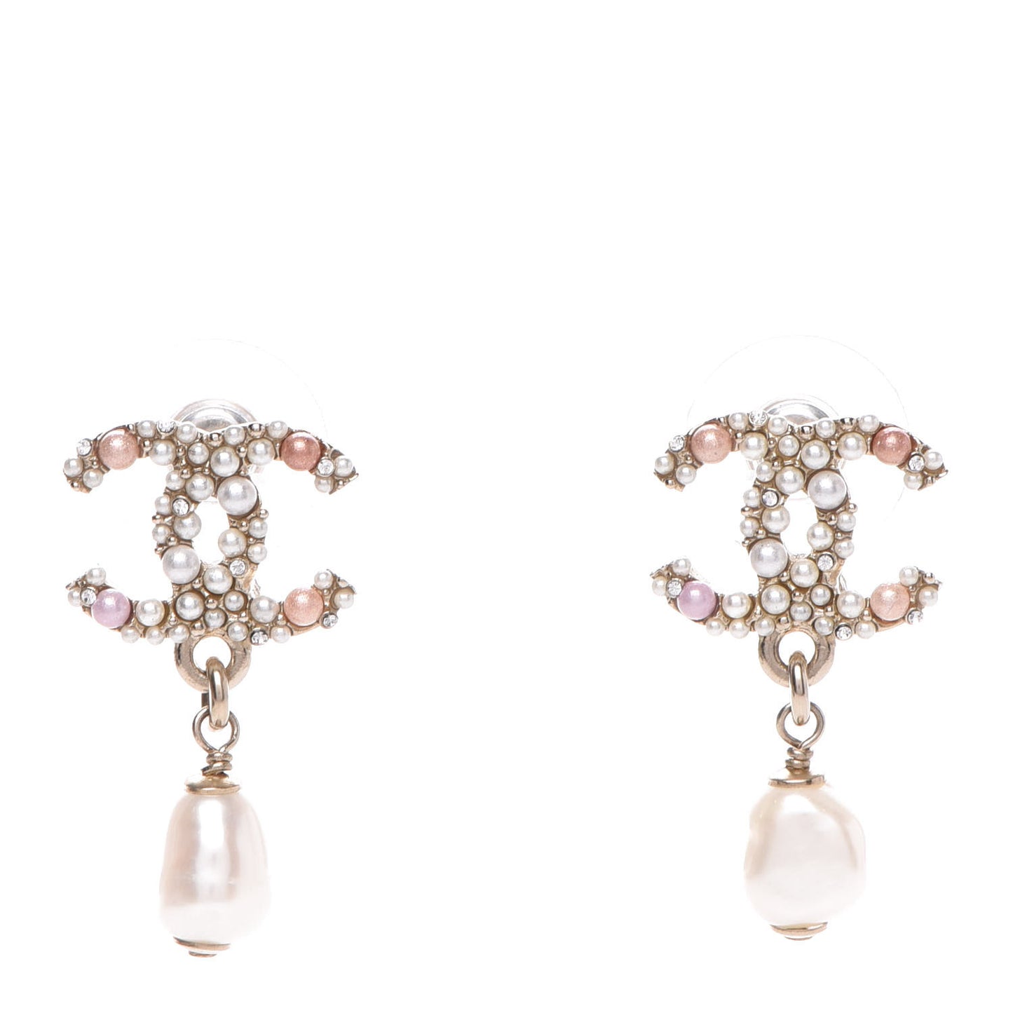 Pearl Crystal CC Charm Drop Earrings Light Gold Pink
