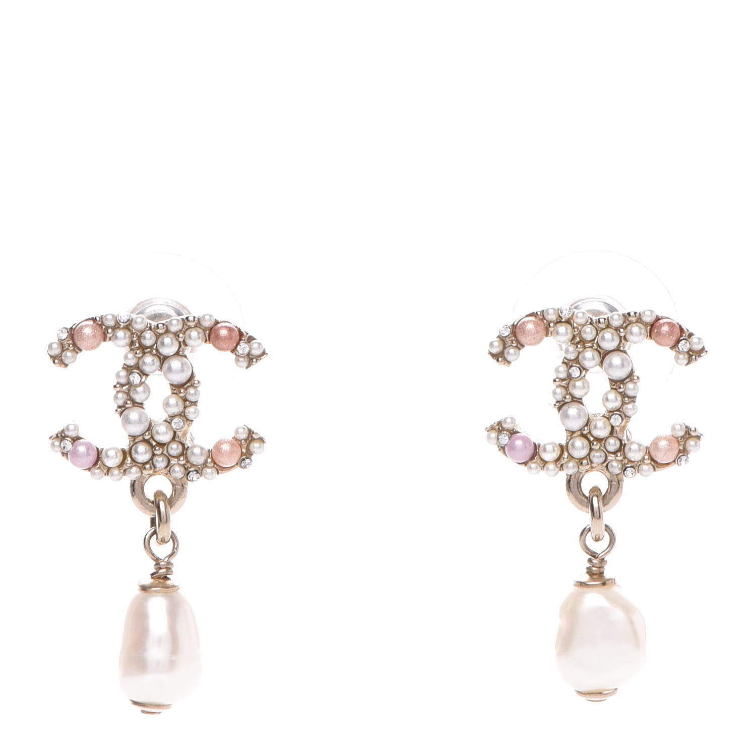 Chanel Pearl Crystal CC Charm Drop Earrings Light Gold Pink 1 of 5
