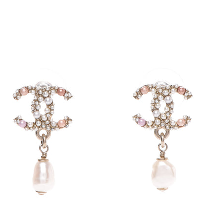 Chanel Pearl Crystal CC Charm Drop Earrings Light Gold Pink 1 of 5