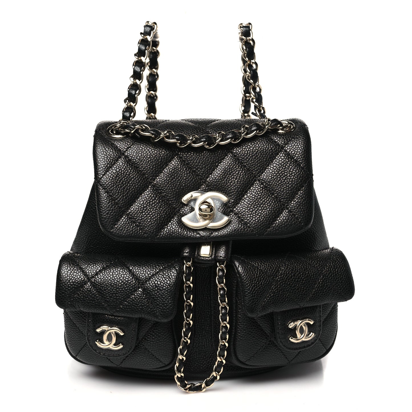 Shiny Caviar Quilted Small Duma Pockets Drawstring Backpack Black