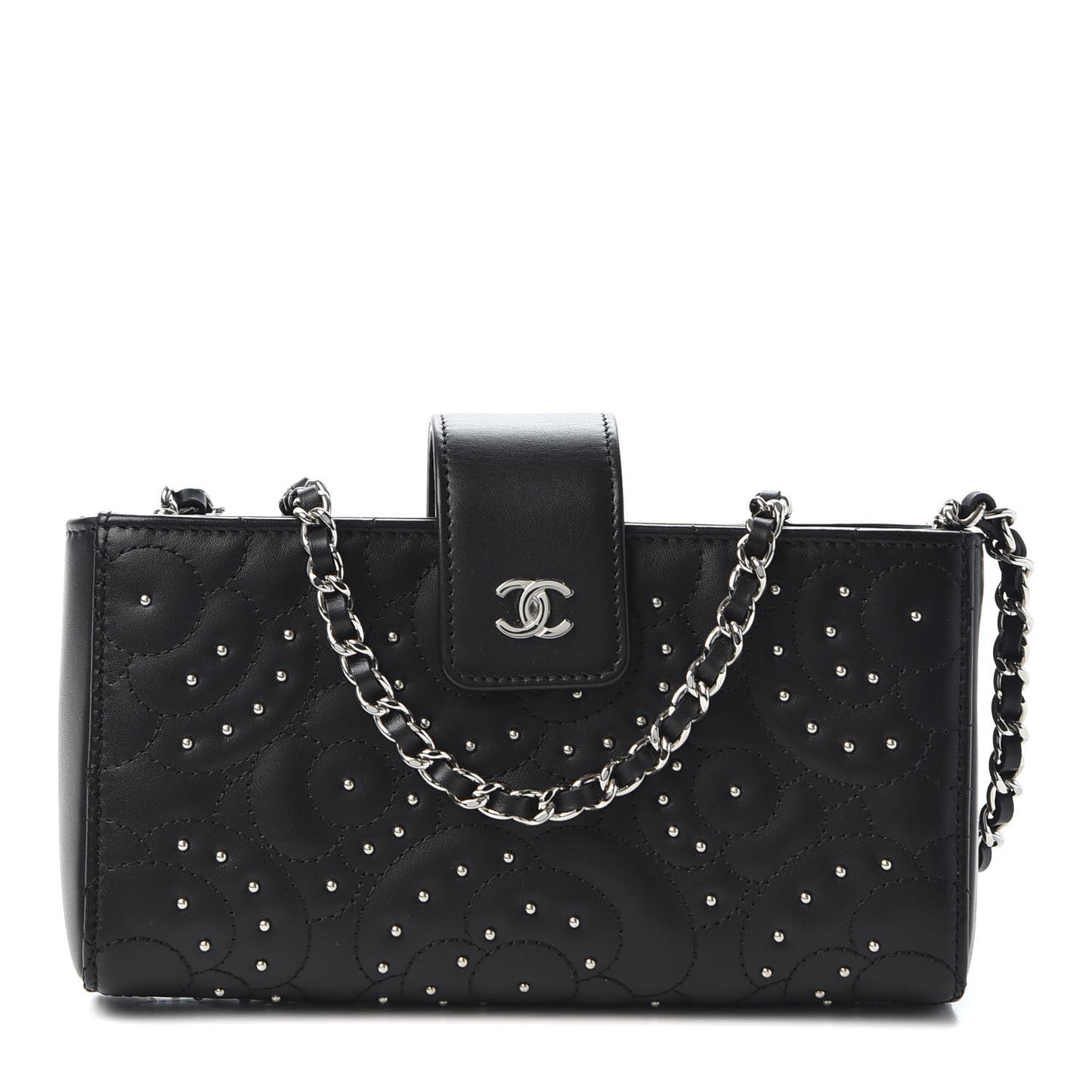 Lambskin Camellia Studded Clutch With Chain Black